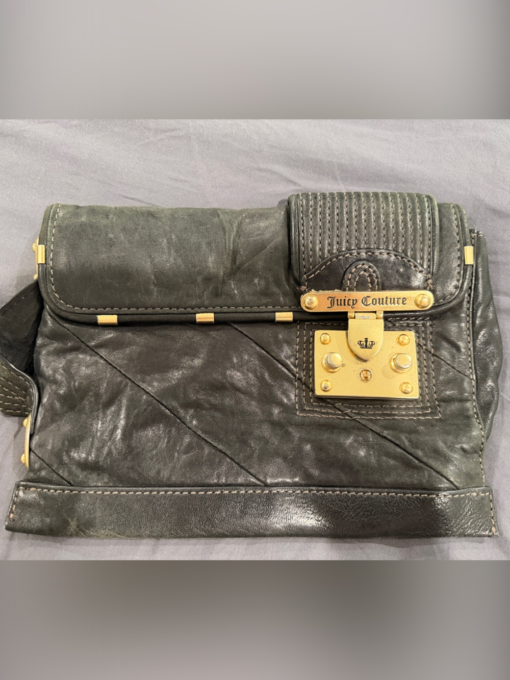 Juicy Couture Black Leather Quilted Clutch with Gold-Tone Hardware Accent